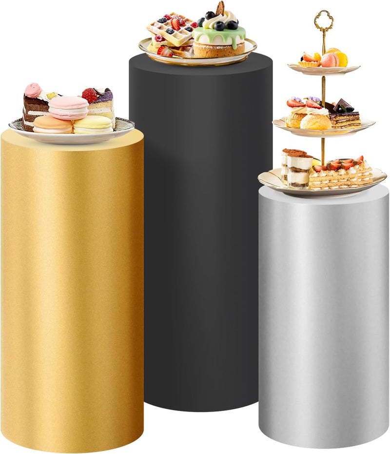 SaitiMade Set of 3 Gold Silver Black Cylinder Pedestal Stand Covers, 3pcs Spandex Mixed Colors Cylinder Stand Covers for Party, Wedding or Birthday Event Decor (Only Contains Colorful Cylinder Covers) - Image 1